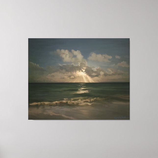 Moon behind clouds over ocean with waves canvas print (Front)