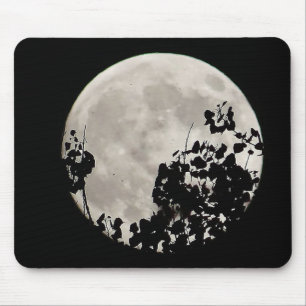 Moon behind dark leaves mouse mat