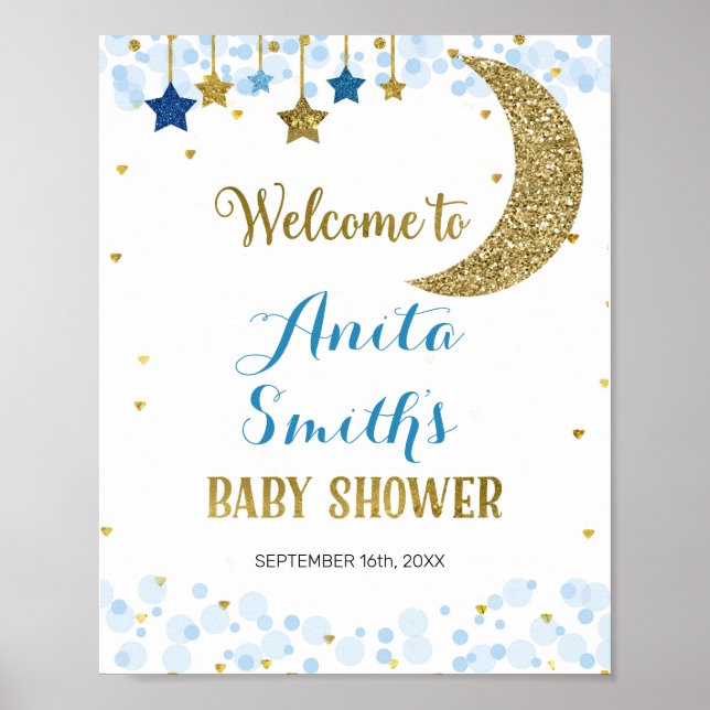 moon blue baby shower welcome sign (Front)
