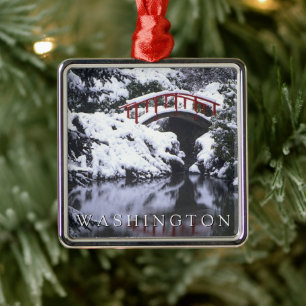 Moon Bridge & Pond in Winter Seattle, Washington Metal Tree Decoration