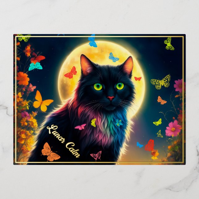 Moon cat butterfly decor pretty moth moonlight foil holiday postcard (Front)