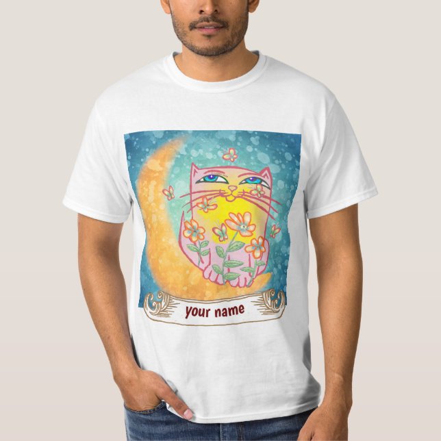 Moon Cat Flowers  T-Shirt (Front)