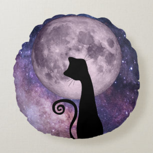 Moon Cat In Pink and Purple Round Throw Pillow