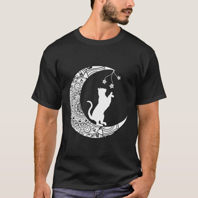 Moon Cat Playful Funny Cat Mandala Crescent Moon W T-Shirt (Front)