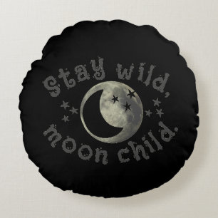 Moon Child Stay Wild Quote Black Stars Crescent Round Cushion