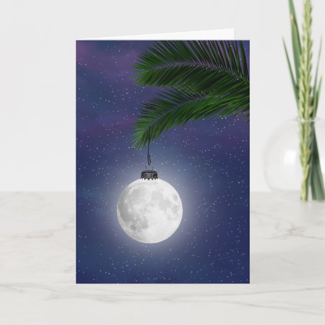 Moon Christmas Ornament On Palm Tree  Holiday Card (Front)