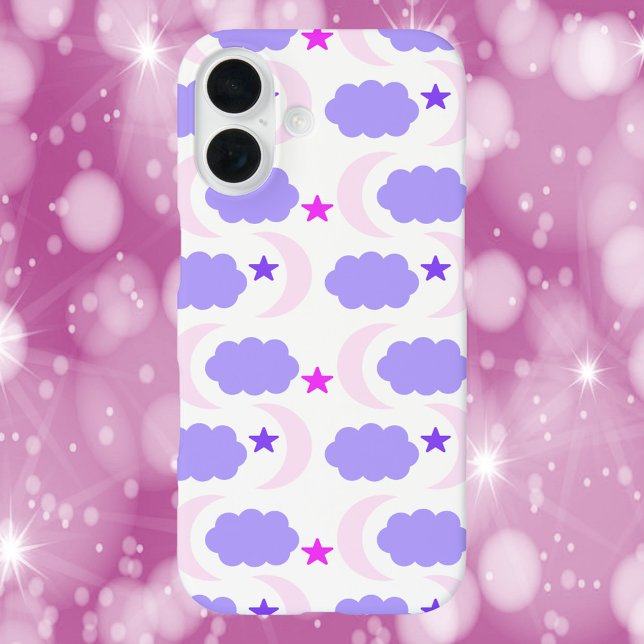 Moon Cloud Stars Dark Purple Pink Pattern Case-Mate iPhone Case (A phone case with a moon, cloud and star pattern in various shades of purple.)