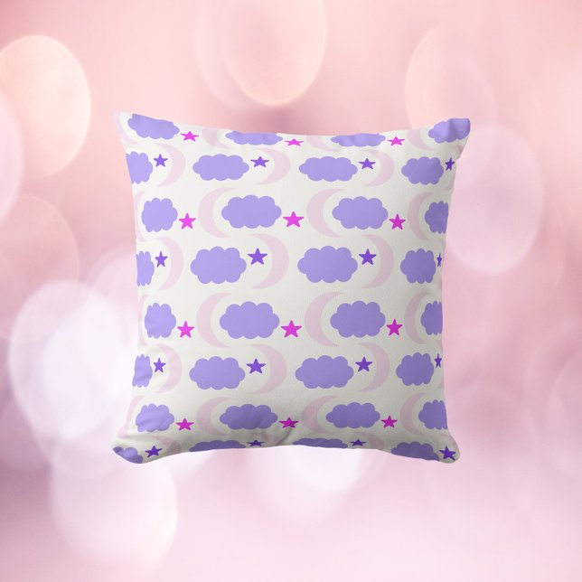 Moon Cloud Stars Dark Purple Pink Pattern Cushion (A throw pillow with a pattern of moons, stars and clouds in various shades of pinks and purples.)