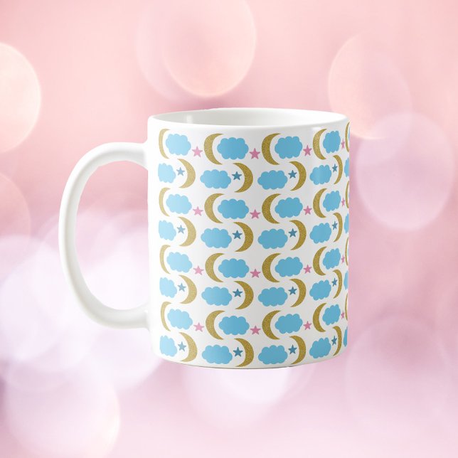 Moon Cloud Stars Faux Gold Glitter Pattern Coffee Mug (A mug with a pattern of gold moons, blue clouds and pink stars)