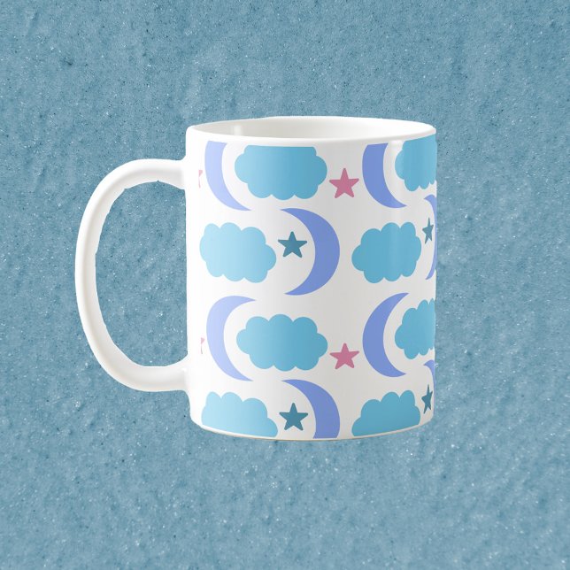 Moon Clouds and Stars Blue Purple Coffee Mug (A cute mug with moons, clouds and stars in purple, blue and pink)