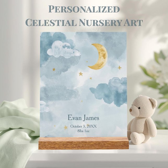 Moon & Clouds Nursery Personalised Baby Name Acrylic Sign (Personalized moon and clouds nursery acrylic sign with custom text and dreamy celestial art.)