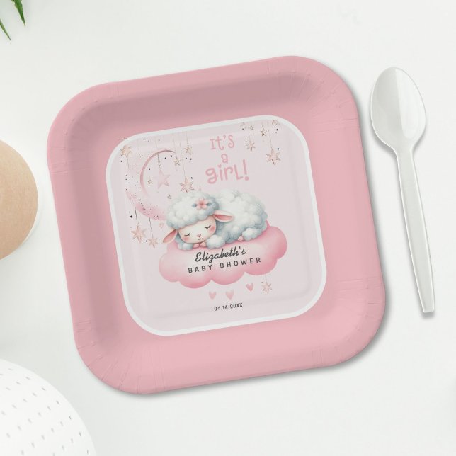 Moon Clouds Pink Lamb Baby Shower Paper Plate (Creator Uploaded)