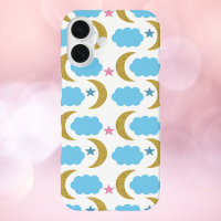 Moon Clouds Stars Faux Gold Glitter Blue
