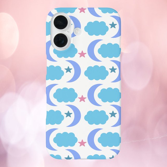 Moon Clouds Stars Pattern Blue Purple Case-Mate iPhone Case (A cell phone case with a pattern of purple moons, blue clouds and pink stars)