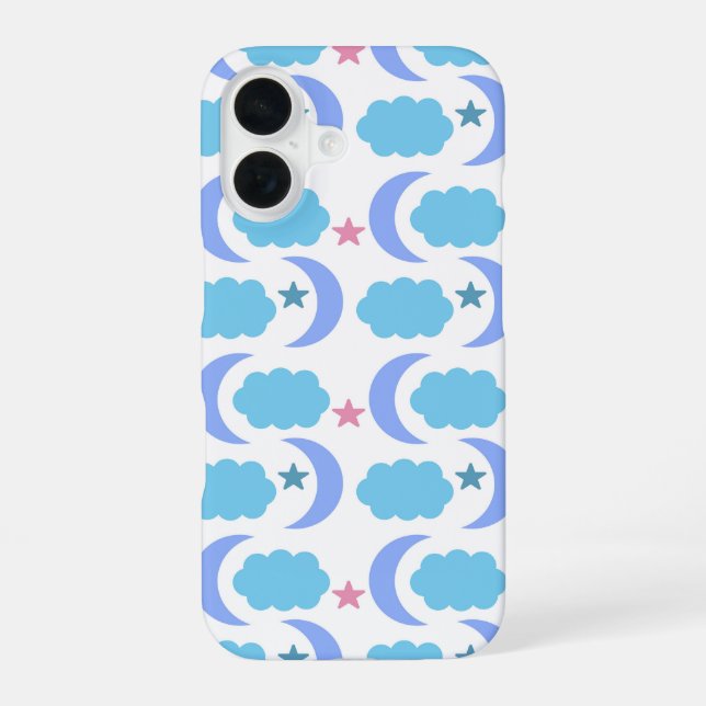Moon Clouds Stars Pattern Blue Purple iPhone 16 Case (Back)
