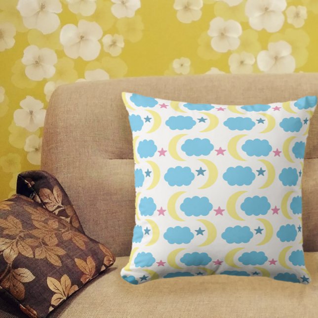 Moon Clouds Stars Yellow Blue Pink Cushion (A pillow with a pattern of yellow moons, blue clouds, blue stars and pink stars!)