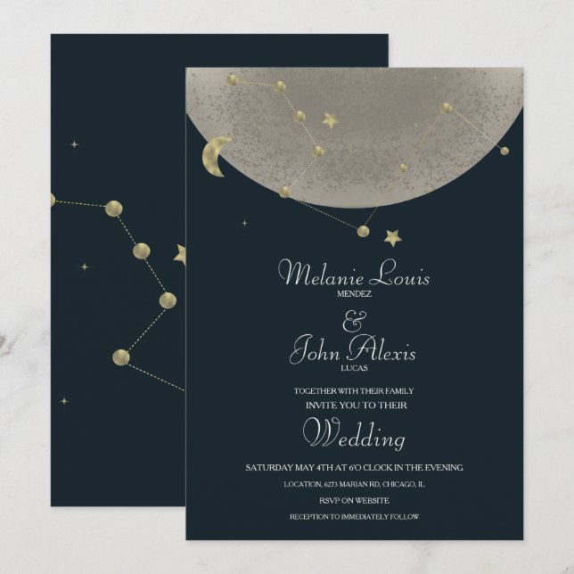 Moon Constellation Gold Celestial Blue Wedding Invitation (Front/Back)