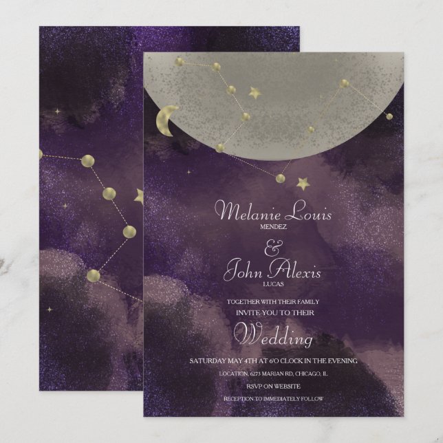 Moon Constellation Gold Purple Celestial Wedding Invitation (Front/Back)