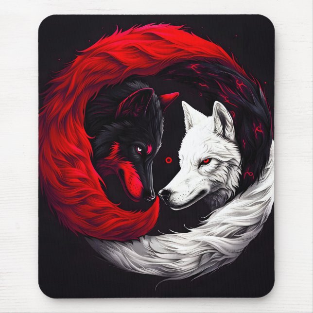 Moon Crimson Red White Wolf Mouse Mat (Front)