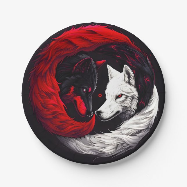 Moon Crimson Red White Wolf Paper Plate (Front)