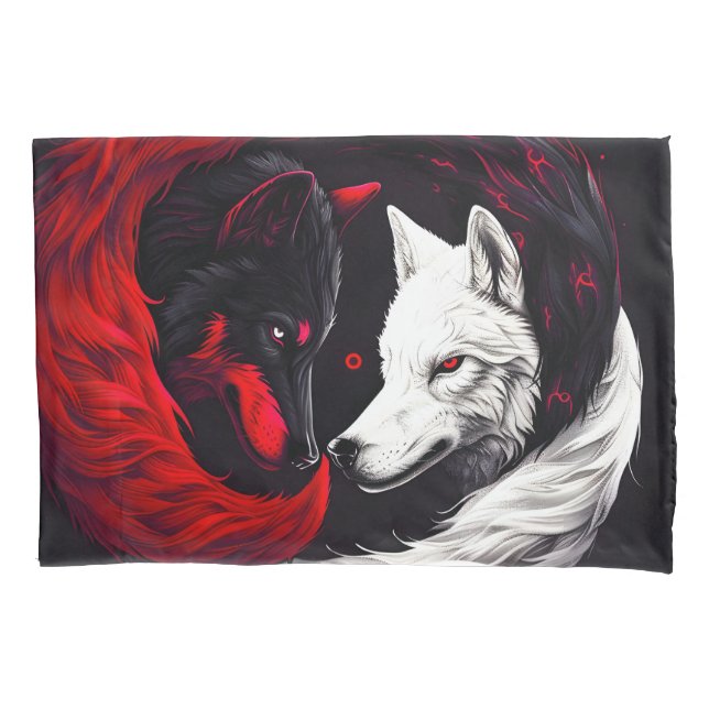 Moon Crimson Red White Wolf Pillowcase (Front)