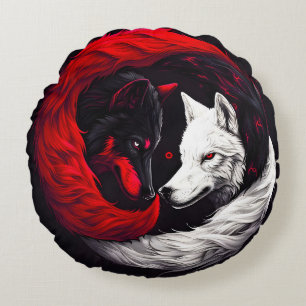 Moon Crimson Red White Wolf Round Cushion