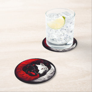 Moon Crimson Red White Wolf Round Paper Coaster