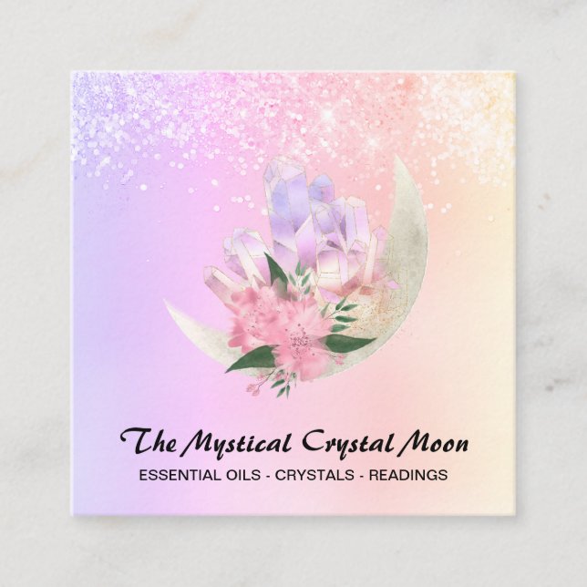 *~* Moon Crystals Floral Ombre Peach Pink Glitter  Square Business Card (Front)