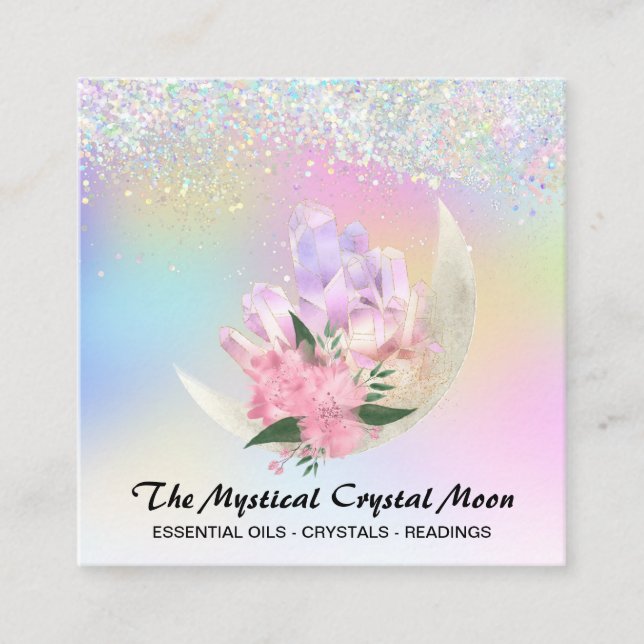 *~* Moon Crystals Mystic Floral OMBRE Glitter Holo Square Business Card (Front)