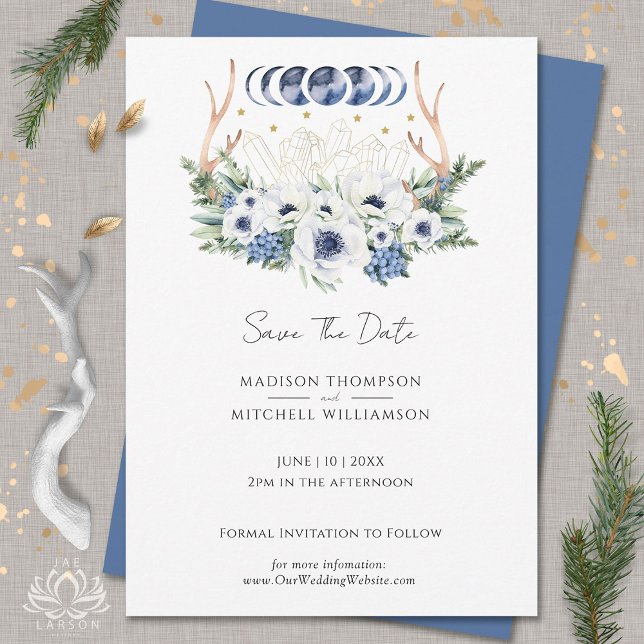 Moon Crystals White Blue Flowers Boho Metaphysical Save The Date (Creator Uploaded)