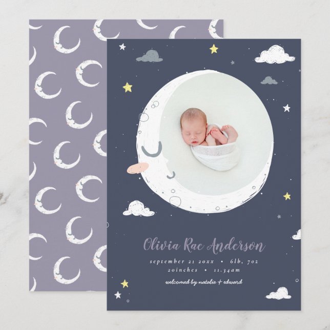 Moon cute script navy purple photo birth announcement (Front/Back)