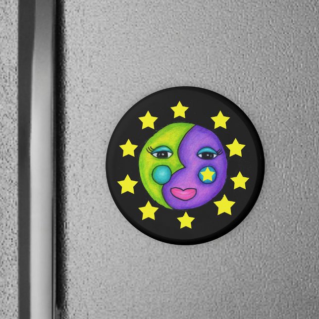 Moon Face and Stars Magnet (Purple green moon with cute face surrounded by yellow stars on black round magnet.)
