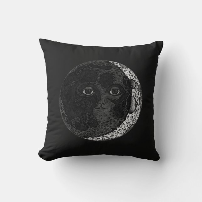 Moon Face Crescent Hand Drawn Ink Illustration Cushion (Front)