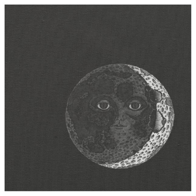 Moon Face Crescent Hand Drawn Ink Illustration Fabric (Close Up)