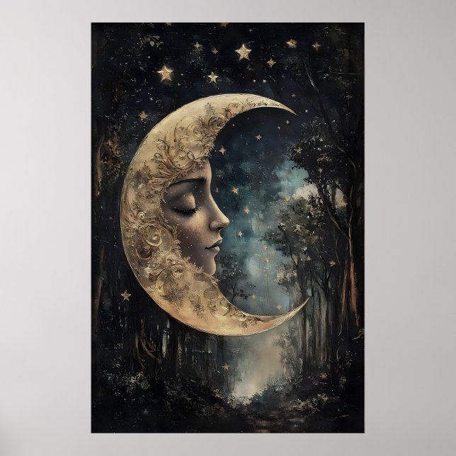 Moon Face In Forest Print, Gothic Witchy Poster (Front)