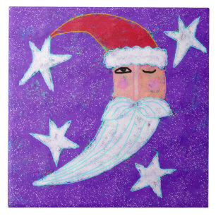 Moon Face Santa Claus Abstract Art Tile