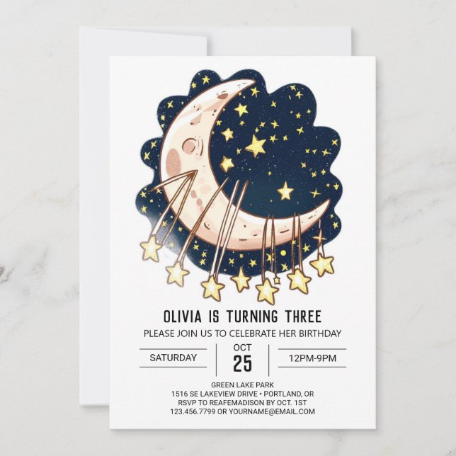 Moon Falling Stars Digital Birthday Invitation (Front)