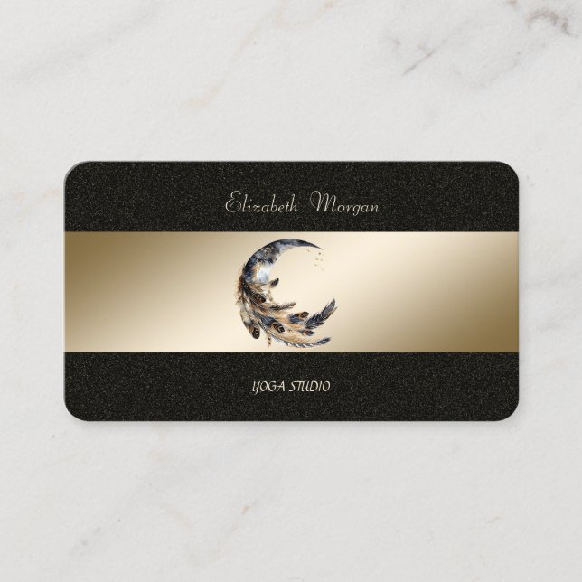 Moon Feather Gold Black Yoga Studio Business Card (Front)