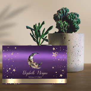 Moon Feather Gold Stars Black Purple Yoga Studio Business Card