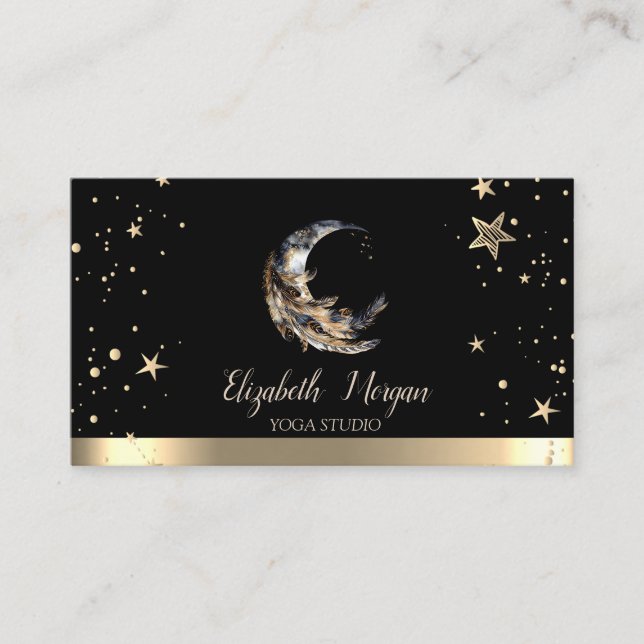 Moon Feather Gold Stars Black Yoga Studio Business Card (Front)