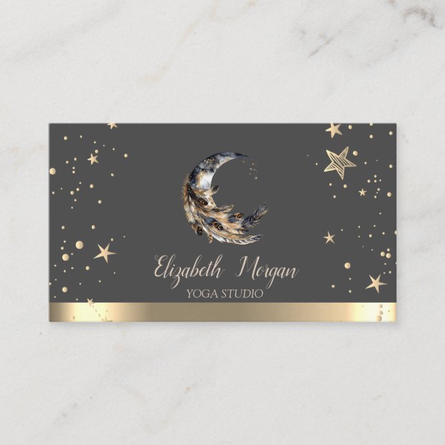Moon Feather Gold Stars Yoga Studio Business Card (Front)