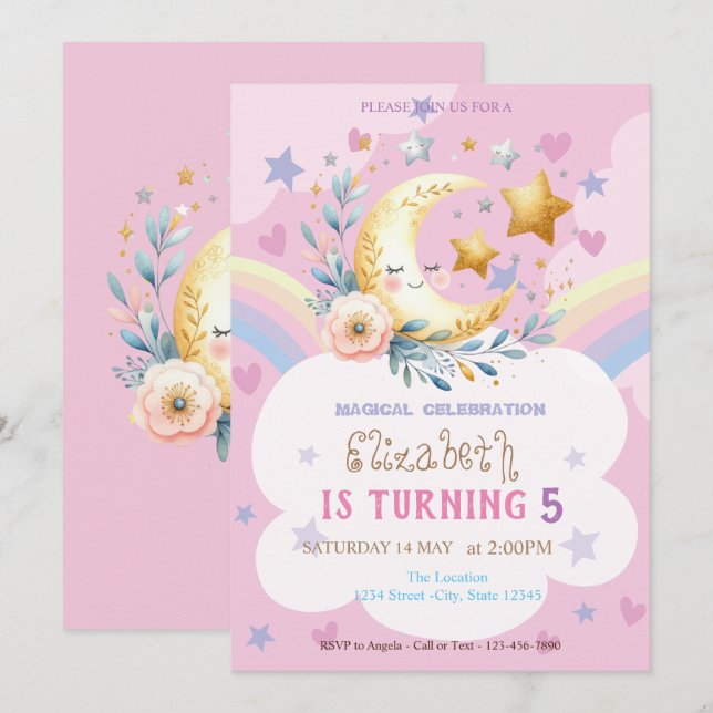 Moon Flower Rainbow Stars Hearts Birthday Invitation (Front/Back)