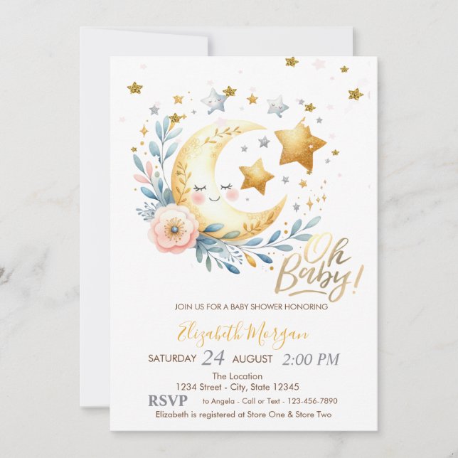  Moon Flower Stars  Baby Shower Invitation (Front)