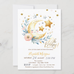 Moon Flower Stars Baby Shower Invitation