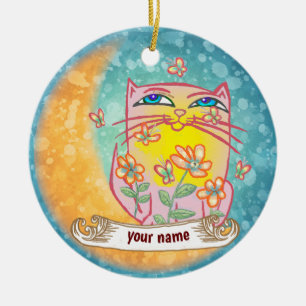 Moon Flowers Cat  Ceramic Tree Decoration