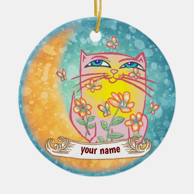 Moon Flowers Cat  Ceramic Tree Decoration (Front)