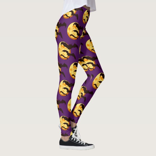 Moon Flying Bats Cute Halloween Orange and Purple Leggings (Right)