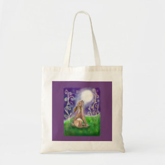 Moon gazing hare illustration purple background tote bag