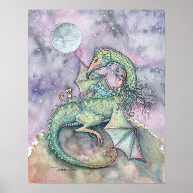 Moon Gazing Witch Dragon Cat Poster (Front)