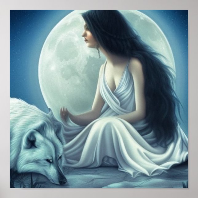 Moon Goddess with Wolf Bowing - Wolf  Poster (Front)